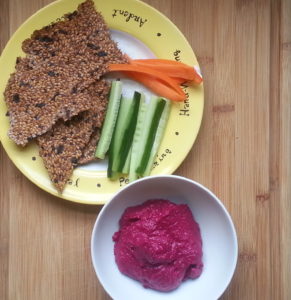 Seed crackers, beet hummus, veggies